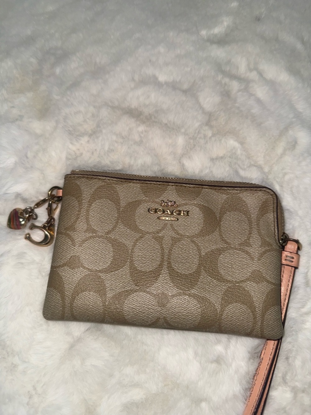 Coach Signature Canvas Wristlet in Taupe and Pink
